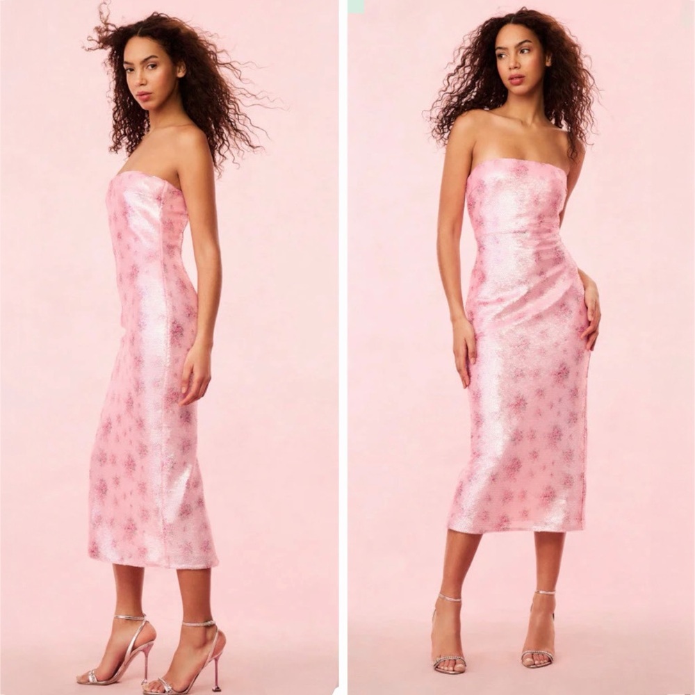 LoveShackFancy Stasia Sequin Floral Strapless Pink Cocktail Midi Dress NEW - Picture 3 of 15